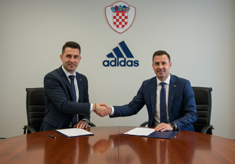 A bright, professional photograph of a formal contract signing ceremony. Two men, one representing the Croatian Football Federation (HNS) and the other Adidas, are shaking hands across a large, polished conference table. Official documents and pens are neatly arranged on the table. Behind them, a subtle backdrop features a prominent Adidas logo next to a Croatian flag, symbolizing the new long-term partnership. The lighting is even and clear, capturing the serious and significant moment in a news-ready manner.