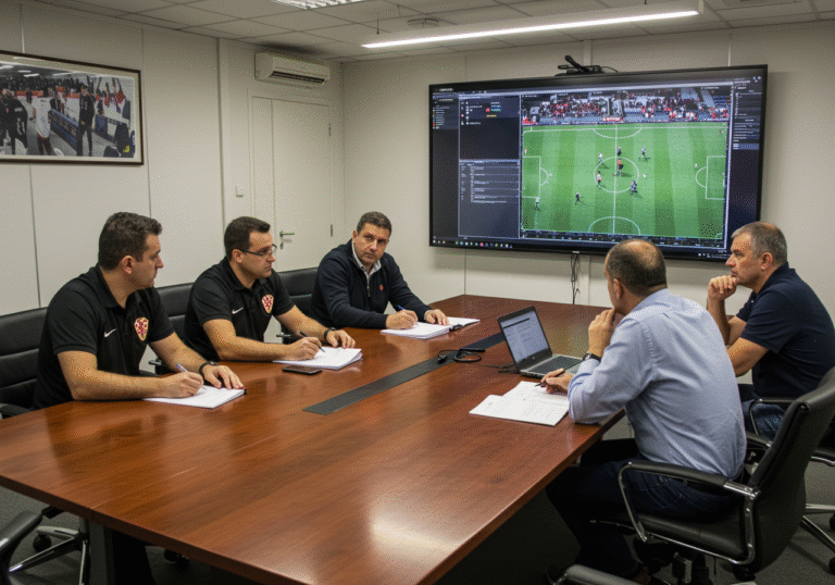 A professional, well-lit conference room inside the Croatian Football Federation headquarters in Zagreb. Several members of the HNS Referee Committee, dressed in business casual attire, are seated around a large polished table. Their expressions are serious and focused as they review footage on a large wall-mounted screen. The screen displays a complex analysis interface of a football incident, with visual cues suggesting multiple camera angles and synchronized audio feeds, as members of the HNS Referee Committee scrutinize the details. Papers and laptops are neatly arranged on the table, indicating an ongoing detailed review.