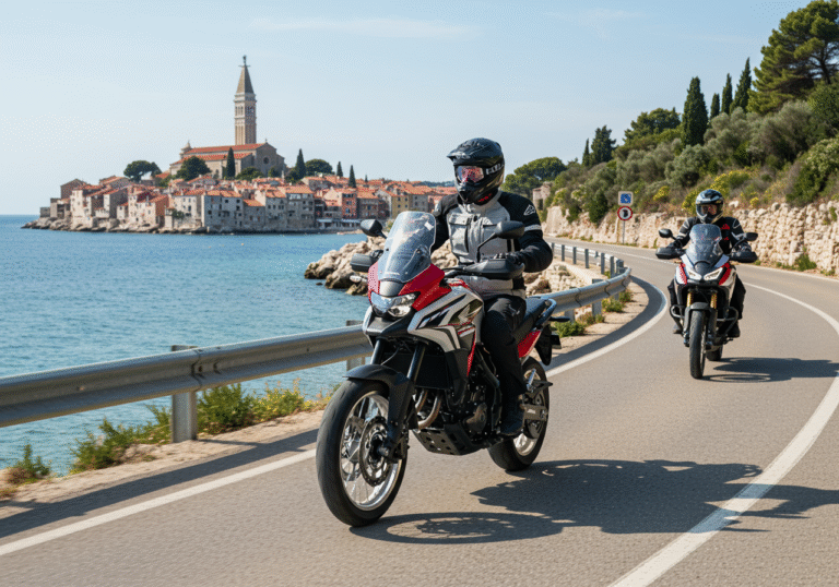 Pietro Vizzini, a male presenter wearing professional motorcycle riding gear, rides a Honda NX500 on a winding coastal road near Rovinj, Croatia. The historic old town of Rovinj, with its characteristic bell tower and stone buildings, is visible in the background along the clear blue Adriatic Sea. Two other riders, also in full riding gear, follow closely on a Honda X-ADV 750 and a Honda CB650R. The scene is captured in natural daylight under a clear sky, emphasizing the beautiful Mediterranean landscape during their multi-day test expedition.