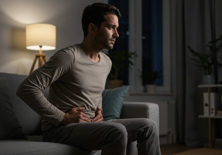 A person, mid-20s to 30s, sits thoughtfully in a softly lit, modern living room at dusk. They are dressed in casual, comfortable clothing. One hand gently rests over their lower abdomen, conveying a subtle sense of internal discomfort or introspection. Their expression is pensive, looking slightly away, suggesting a private moment of reflection on personal well-being. The scene is calm and clean, emphasizing a focus on health and the body's subtle signals.