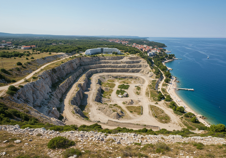 A wide, realistic shot of the former quarry site in Valkane, Pula, Croatia, on a clear August 2025 day. The rugged, rocky landscape of the disused quarry dominates the foreground, transitioning to existing green areas and the calm, blue waters of the Adriatic Sea. In the midground, a segment of the public promenade and beach is visible along the coastline, with a few people enjoying the accessible area. The scene is bathed in bright, natural sunlight, typical of a summer afternoon in Istria, highlighting the raw potential of the site. The focus is on the current state of the large, undeveloped coastal plot, poised for future transformation into a modern hotel complex.