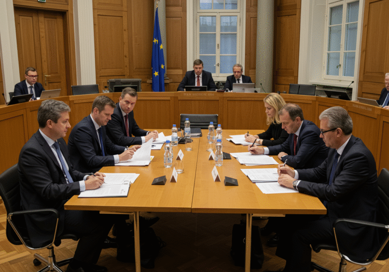 Inside a well-lit, modern courtroom in Amsterdam, Netherlands, a formal legal proceeding is underway. Lawyers and representatives from the European hotel industry, dressed in business attire, are seated at one table, reviewing documents and conferring. Across from them, a legal team representing Booking.com sits with a serious demeanor. The polished wood and contemporary design of the Dutch court are visible, with soft natural light entering through tall windows. The atmosphere is tense and professional, conveying the gravity of a major collective lawsuit.