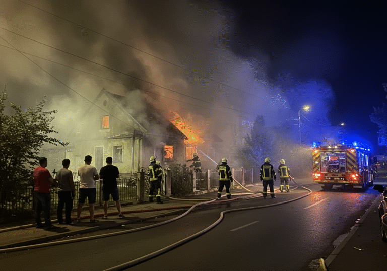 Evening, Hermanova Street in the Trokut neighborhood of New Zagreb, Croatia, August 1, 2025. Thick smoke billows from a residential house engulfed in flames, creating a dense, fog-like haze that fills the street. Fire crews in full gear are actively working to extinguish the blaze with hoses, their figures visible through the smoke. Several foreign workers, residents evacuated from the house, stand on the sidewalk observing the dramatic scene. Emergency vehicle lights illuminate the smoky air.