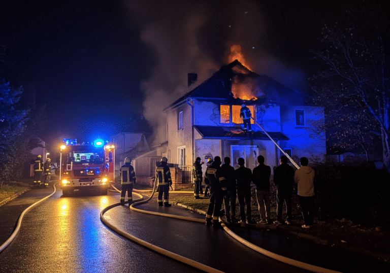 Night scene: Zagreb firefighters in full gear actively extinguish a house fire on Hermanova Street in the Trokut neighborhood of Novi Zagreb, Croatia. Intense smoke billows from the second story and roof of the family home, with visible fire damage to the interior of one room. Emergency vehicle lights cast an orange and blue glow on the street. A group of foreign workers, having evacuated the building, stand together observing the scene from a safe distance.