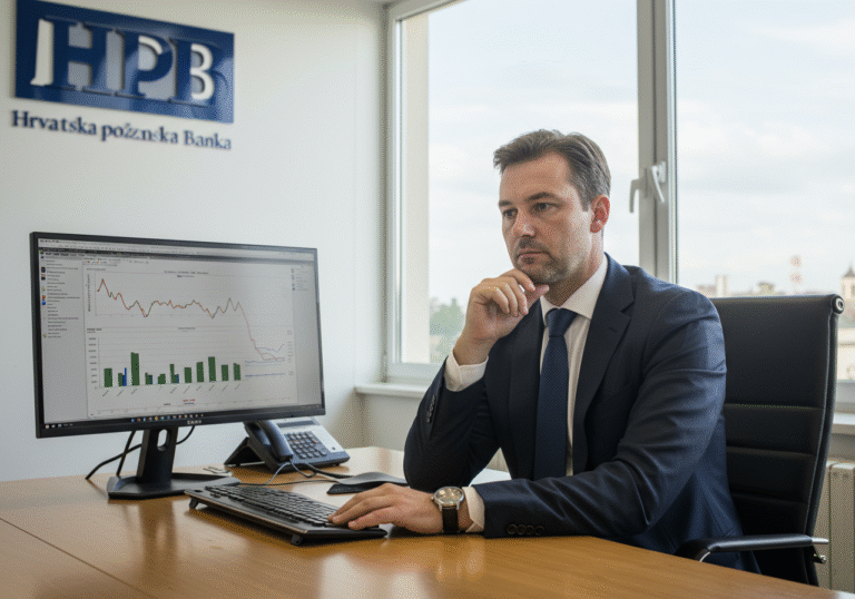 A professional, well-dressed male executive in his late 40s, with a serious and contemplative expression, sits at a modern, polished desk in a bright, contemporary office within the headquarters of Hrvatska poštanska banka (HPB) in Croatia. He is focused intently on a large computer monitor displaying abstract financial charts and graphs, reflecting on the bank's recent profit decline and strategic responses. Natural daylight streams through a large window, subtly illuminating the sophisticated office environment, which features clean lines and professional decor typical of a major financial institution in the region. The overall mood is one of quiet analysis and strategic consideration.