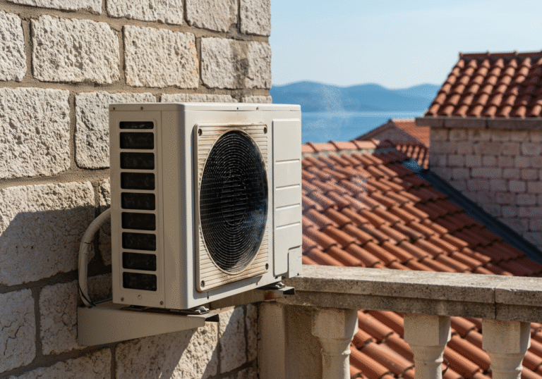 An outdoor air conditioning unit, showing signs of scorched marks and a faint wisp of smoke emanating from its vents, is affixed to a typical Croatian tourist apartment building facade. It's under a bright, hot summer sun in a coastal Croatian town. The terracotta roof tiles and light-colored stone walls of the building are visible, with a distant, sun-drenched glimpse of the Adriatic Sea in the background. No people are visible in the immediate vicinity.