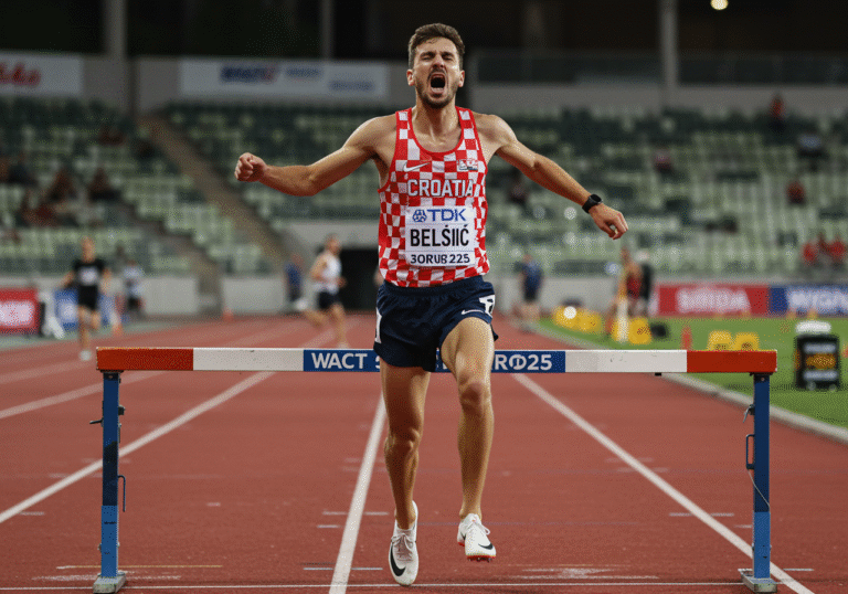 Bruno Belčić, a Croatian athlete, crosses the finish line in the 3000-meter steeplechase at the WACT Bronze meeting in Oordegem, Belgium, on August 10, 2025. His face is a distinct mix of intense exhaustion and personal triumph, his body slightly bent over from the immense effort. He wears a standard professional running singlet and shorts. The scene is captured under bright, natural daylight, with the athletic track stretching behind him. In the background, the stadium grandstands are clearly visible with scattered spectators. The overall image conveys the grueling nature of the race and the historic moment of breaking a national record, paralleling the success of fellow Croatian athlete Natalija Švenda in her 400-meter hurdles race at the same event.