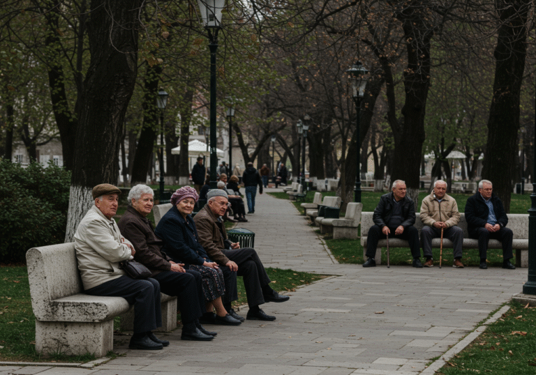A quiet park in a Croatian city during a soft, overcast afternoon. Elderly Croatian men and women are seated on stone benches, some conversing, others observing the surroundings with calm expressions. They are dressed in typical everyday attire. Mature trees and traditional European-style park pathways define the setting. A few younger adults are visible in the distance, but there is a noticeable quietness, with very few young children or families present.