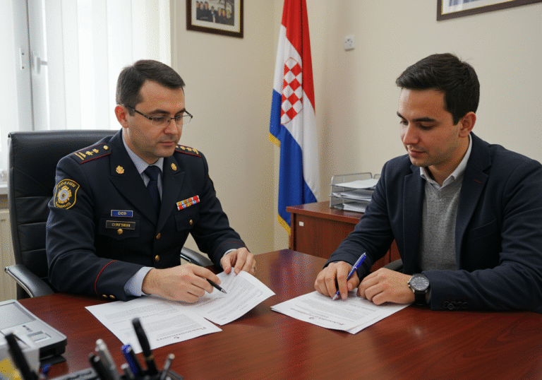 A professional Croatian Ministry of Interior official, wearing a subtle uniform with a Croatian flag insignia, is seated at a clean, modern desk in a well-lit office. The official is engaged in a serious discussion, reviewing paperwork related to work permits, with a young male foreign national of Nepalese or Indian descent seated opposite. The atmosphere is calm and administrative, reflecting the process of issuing permits for foreign workers in Croatia during daytime.