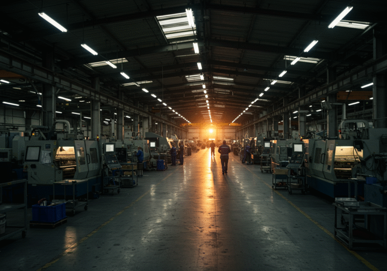 A wide-angle, realistic editorial photograph of a large, dimly lit Croatian manufacturing factory floor in late afternoon. The vast industrial space contains rows of machinery, some of which are visibly idle or less active, with only a sparse presence of workers. A few individuals in work uniforms are seen moving quietly through the aisles or attending to solitary tasks. Overhead fluorescent lights cast long, soft shadows across the concrete floor, emphasizing the quiet, subdued atmosphere of reduced operations.