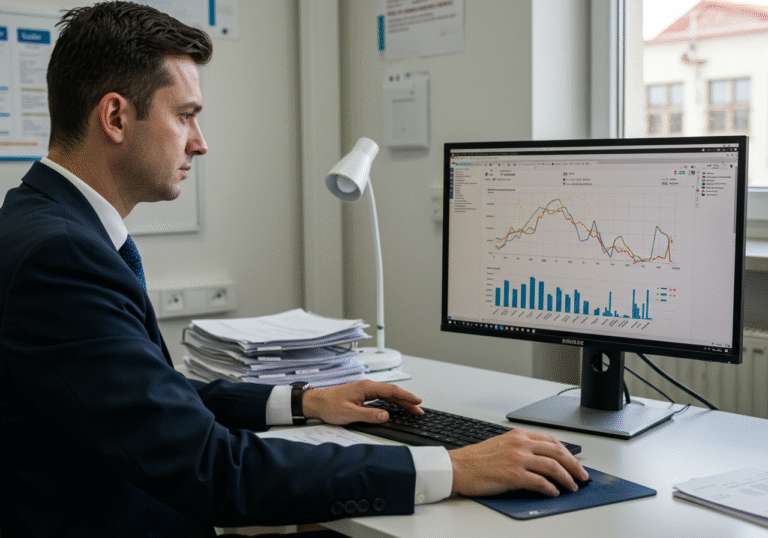 A professional Croatian economist, dressed in smart business attire, intensely studying a large computer monitor displaying complex bar graphs and line charts that clearly illustrate a significant downward trend in producer price inflation for July 2025. The setting is a brightly lit, modern office within the State Bureau of Statistics building in Croatia. Loose papers and official economic reports are neatly arranged on the desk, with natural daylight streaming through a large window, creating a serene and analytical atmosphere.