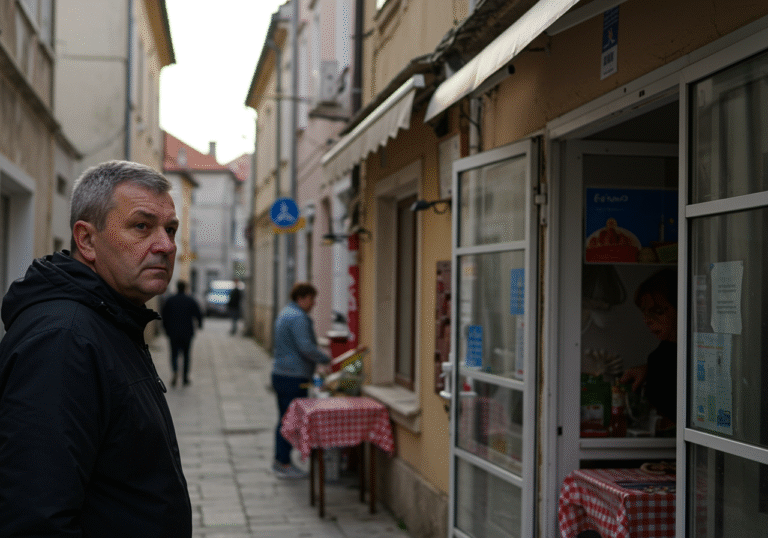 A natural, editorial photograph captured during a slightly overcast late morning in a typical Croatian urban area. An ordinary person, perhaps a middle-aged resident, is visible in the foreground, subtly observing the entrance of a local market or a small, traditional restaurant, with a contemplative or slightly concerned expression. The background features elements of everyday Croatian life: classic residential buildings with characteristic architecture, and a few people engaged in their routines. The scene subtly reflects the impact of rising consumer prices on daily life, from food costs to dining expenses, in Croatia.