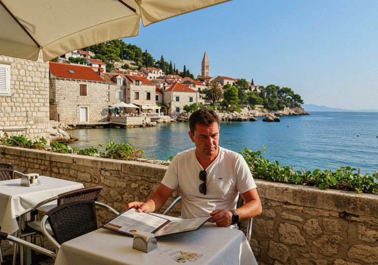 A person, possibly a tourist or local, sits at an outdoor cafe table in a sunlit Croatian coastal town during the height of summer. The person is looking at an open menu on the table, with a contemplative or slightly concerned expression on their face. In the background, traditional Mediterranean-style stone architecture and the vibrant blue Adriatic Sea are visible under a clear sky. The scene is well-lit by natural sunlight, capturing a realistic, editorial moment.