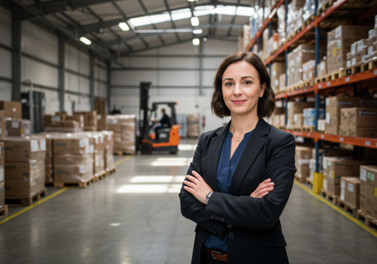 A confident Croatian female logistics manager in her late 30s, wearing smart business casual attire, stands in a brightly lit, modern warehouse in Croatia. Behind her, rows of neatly stacked pallets loaded with diverse packaged goods are visible, some with international shipping labels affixed, indicating global destinations. Natural sunlight streams in through large overhead windows, illuminating the spacious, organized facility. The manager looks towards the viewer with a subtle, professional smile, conveying success and efficiency in export operations. In the background, a forklift is actively moving goods towards a loading bay.