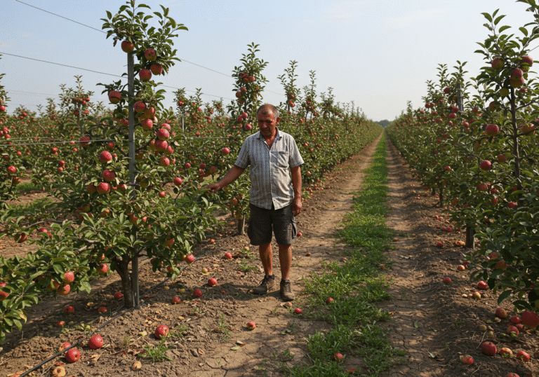 Hrvatska pred značajnim padom prinosa jabuka od 27%, očekuje se poskupljenje A somber Croatian apple farmer stands amidst rows of apple trees in a parched orchard in eastern Croatia, visible signs of drought and heat damage evident on the dry ground and stressed foliage. Sparse, underdeveloped apples cling to the branches, reflecting the severe impact of spring frost, drought, and high temperatures on the upcoming 2025/2026 harvest. The farmer's face is etched with concern, gazing out at the meager yield under a hazy late summer sky.