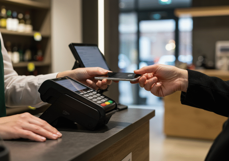 A Croatian person using a contactless credit card or smartphone to pay at a sleek, modern point-of-sale terminal in a retail establishment in Croatia. The transaction is taking place at a well-lit counter, with a cashier visible. Soft, natural light illuminates the scene, highlighting the exchange. In the background, blurred elements of a contemporary Croatian commercial interior suggest a bustling environment of daily transactions.