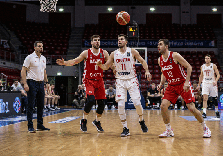 An intense basketball game in progress between the Croatian national team and the Danish national team at Farum Arena in Farum, Denmark, on a bright Wednesday morning. Players in national team jerseys are in mid-action on the brightly lit indoor court, displaying focused expressions and determination. The Croatian coach, Mijatović, stands intently on the sideline, observing the crucial European pre-qualification match for the FIBA World Cup 2027.