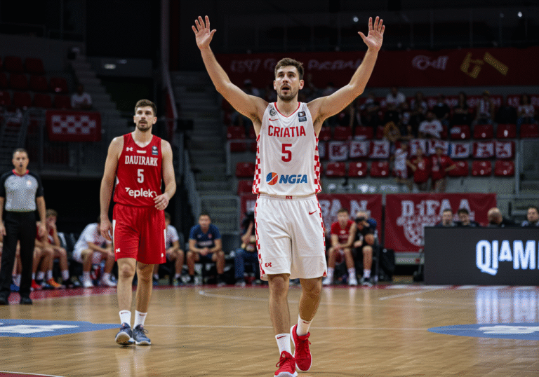 A Croatian male basketball player, wearing his national team uniform, raises his arms in a moment of triumph during a game against the Danish national team. His expression conveys confidence and joy in their dominant performance. A Danish opponent stands nearby on the court, looking towards the action with a sense of frustration. The scene is set inside a well-lit indoor basketball arena in Opatija, Croatia, during an evening match, with blurred spectators visible in the stands.