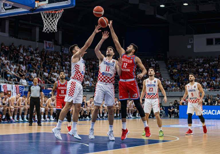 The Croatian men's national basketball team in action, demonstrating complete dominance over Norway at Marino Cvetković Hall in Opatija, Croatia, on the evening of Saturday, August 16, 2025. Players in official white and red checkered Croatian national jerseys are executing a powerful play on the brightly lit court, surrounded by an enthusiastic, large crowd in the stands.