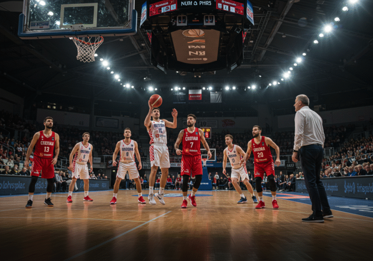 A realistic editorial photograph inside Asane Arena in Bergen, Norway, around 6 PM local time. Croatian men's national basketball team players in red and white jerseys are actively competing on the court against Norwegian national team players during a FIBA Basketball World Cup 2027 European Pre-Qualifier game. Bright arena lights illuminate the players as Coach Mijatović stands intently on the sidelines, observing the action. Spectators are visible in the background, creating a live game atmosphere.