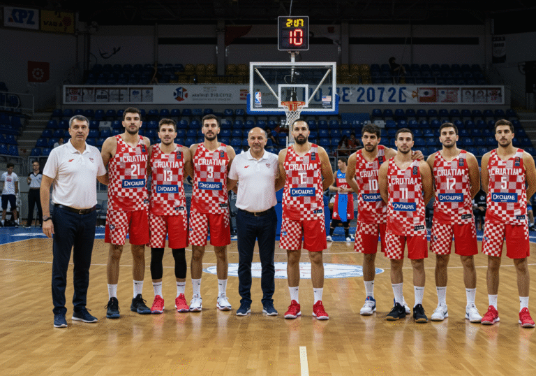 The Croatian men's national basketball team, wearing their distinctive red and white checkered national jerseys, stands together on a polished wooden basketball court. Coach Tomislav Mijatović is present, looking composed and satisfied. Players display expressions of quiet relief and shared accomplishment, some exchanging subtle nods or low-key high fives, having just secured their qualification for the FIBA World Cup 2027 main cycle. The indoor arena is lit with a soft, even light, capturing the authentic moment of the team's long-awaited success. Basketball hoops and empty spectator stands are visible in the background, conveying a sense of post-event calm.