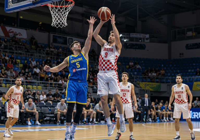 A Croatian national basketball player wearing a red and white jersey with blue accents is in mid-air securing a rebound over a Ukrainian opponent in a blue and yellow uniform during a decisive preparatory game. The action unfolds on a polished wooden basketball court within a brightly lit indoor arena. Players' faces show intense focus and determination, reflecting Croatia's dominant performance. The background features blurred spectators in the stands, adding to the authentic sports event atmosphere.