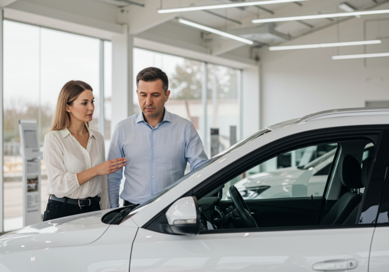 A thoughtful Croatian couple in their late 30s to early 40s stands beside a new, modern white SUV inside a brightly lit car dealership showroom in Croatia. The woman gestures subtly towards the car's interior or dashboard, while the man examines the vehicle's overall structure with a focused, practical expression, considering its features. Other contemporary vehicles are visible in the clean, spacious showroom background. Daylight streams through large windows. Editorial photography style, realistic, sharp focus on the couple and the car.
