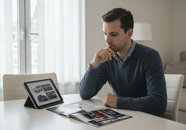 A contemplative Croatian man or woman in their late 30s, sitting at a clean, modern table in a well-lit room, intently studying various car brochures and a tablet displaying new car models. The person's gaze is focused on vehicle specifications related to performance, design, or pricing, rather than safety features. Soft, diffused daylight illuminates the scene through a large window. The subtle background elements suggest a contemporary Croatian home interior or a quiet section of a car dealership, with neutral tones and clean lines. The overall atmosphere conveys a private, focused decision-making moment regarding a significant purchase.