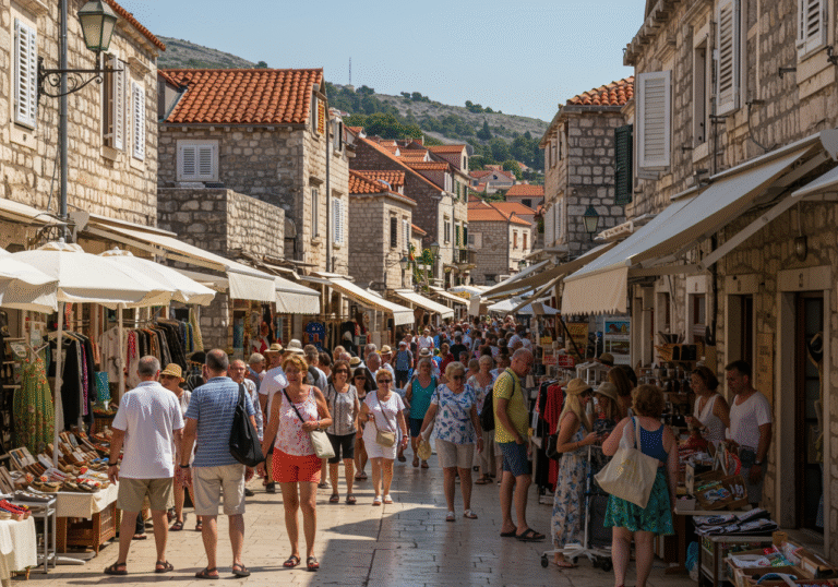 A bustling, sun-drenched street in a Croatian coastal town in June 2025. Numerous tourists in light summer attire are browsing goods at open-air market stalls and small boutique shops. Locals are also seen engaging in retail activities, creating a lively atmosphere. Traditional stone buildings with terracotta roofs line the street, and a glimpse of the Adriatic Sea is visible in the background under a clear sky. People are smiling, reflecting a strong and vibrant commercial period.