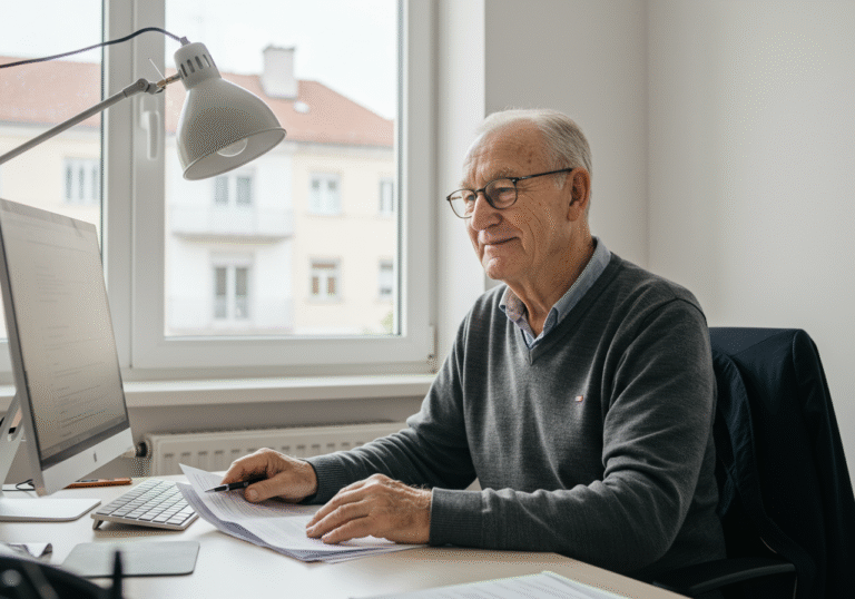 A composed elderly Croatian man, around 70-75 years old, with a subtle, content smile. He is seated at a desk in a bright, modern office in a Croatian city, looking at a computer screen or reviewing documents. Natural daylight illuminates the scene from a nearby window. He is dressed in neat, professional-casual attire, reflecting continued engagement in the workforce. The atmosphere is one of quiet satisfaction and stability.