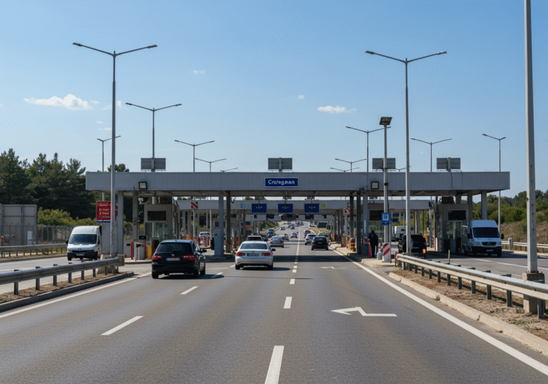 A clear, sunny daytime view of a modernized Croatian border crossing, such as Ilok or Maljevac, at the start of its technological upgrade. Multiple lanes are active, showing cars and light vehicles moving steadily through the checkpoints. Newly installed video analytical cameras are visibly mounted on gantries or poles above the vehicle lanes, with visible wiring, indicating recent equipment installation. Croatian border police officers are present in their standard uniforms, overseeing the improved flow of traffic. The environment is orderly and functional, reflecting the project's goal to accelerate passenger and vehicle movement across the border with a non-Schengen country like Bosnia and Herzegovina or Serbia.
