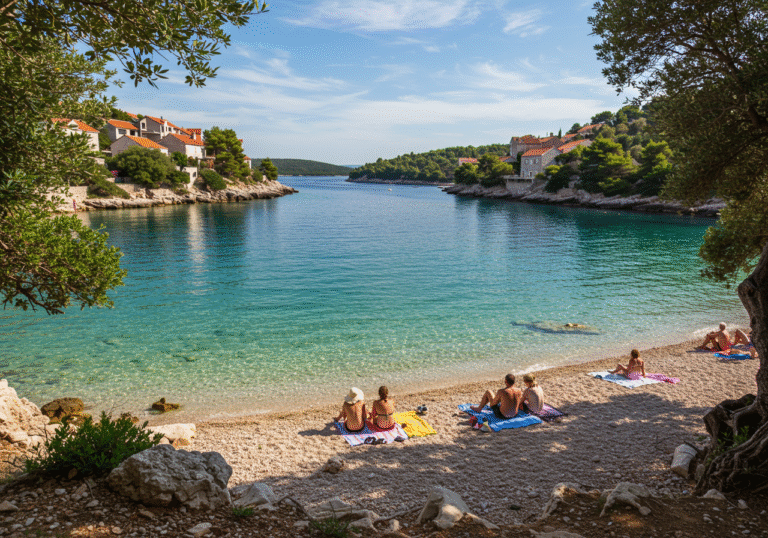 A wide, sun-drenched view of the Croatian Adriatic coast on a warm summer afternoon. Crystal clear turquoise water gently laps against a pristine pebble beach. In the foreground, a small family or couple, casually dressed in light summer clothing, relaxes on beach towels, looking out towards the sea. Lush green Mediterranean vegetation and ancient olive trees frame the scene on either side. Distant, traditional stone houses with red tile roofs are visible on the hillside, blending naturally with the landscape. The sky is bright blue with a few wispy clouds. The atmosphere is calm and inviting, reflecting the appeal of a premier summer holiday destination.
