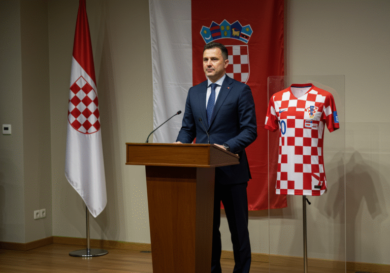 A Croatian Football Federation (HNS) official in a dark suit stands at a polished wooden podium in a professional, well-lit conference room. Beside the podium, a red and white checkered Croatian national football team jersey, subtly featuring the three-stripe design of Adidas, is displayed on a stand, illuminated to highlight its new visual identity. A large Croatian flag hangs prominently in the background. The official's expression is serious and focused, conveying the significance of the announcement regarding the team's transition to a new kit supplier after the 2026 World Cup, marking the end of a long-standing partnership.