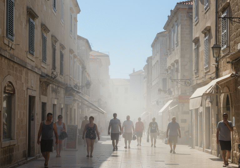 A sun-drenched street scene in a Croatian city like Split or Zagreb during an intense mid-August heatwave. The air shimmers with heat haze rising from the pavement and light-colored stone buildings. People walk slowly, seeking slivers of shade, their clothes sticking to their skin and faces showing the strain of the oppressive temperatures. A clear, blue sky overhead indicates the ongoing high-pressure system, with the sun casting harsh, short shadows. The atmosphere conveys the unusual and extreme summer heat affecting the region.
