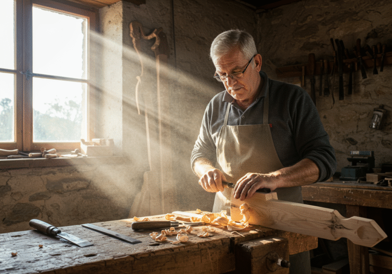 A weathered Croatian artisan, in his late 60s, intently focused on shaping a traditional wooden object in his well-used workshop. Sunlight streams through a large window, illuminating dust motes and highlighting the intricate details of his work and the tools scattered across his sturdy wooden workbench. His experienced hands, marked by years of manual labor, deftly handle a chisel. He wears a practical work apron over his clothes. The workshop features rough stone walls and traditional, rustic carpentry, typical of rural Croatia. The scene conveys a sense of deep concentration, continuity, and the quiet dignity of a skilled craftsperson continuing their legacy. A faint smell of sawdust or materials seems almost palpable.