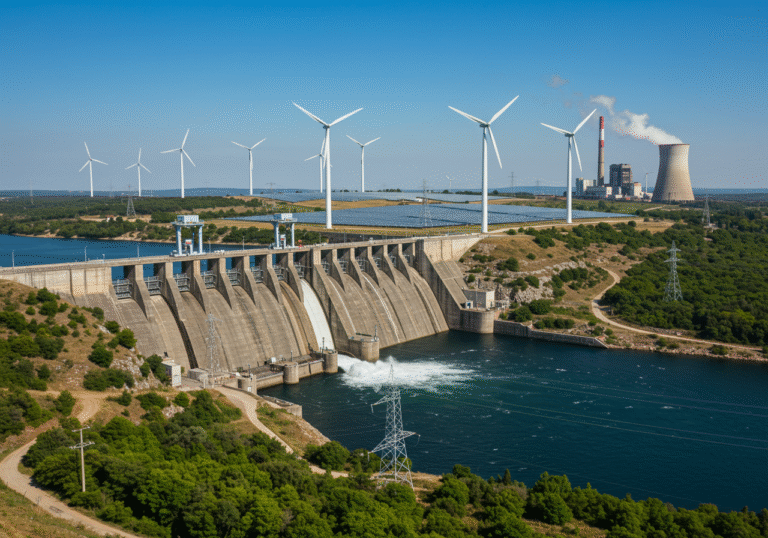 An expansive, sun-drenched view of the Croatian energy landscape in summer. A large concrete hydroelectric dam structure dominates the mid-ground, with water visibly flowing through its gates. In the background, on a distant ridge, several modern wind turbines stand tall against a clear blue sky. A large field of reflective solar panels is also visible on a flat area. Further in the distance, a thermal power plant with a prominent smokestack emits a faint plume. High-voltage power lines with their towers cut across the frame, connecting these elements of diverse energy generation.
