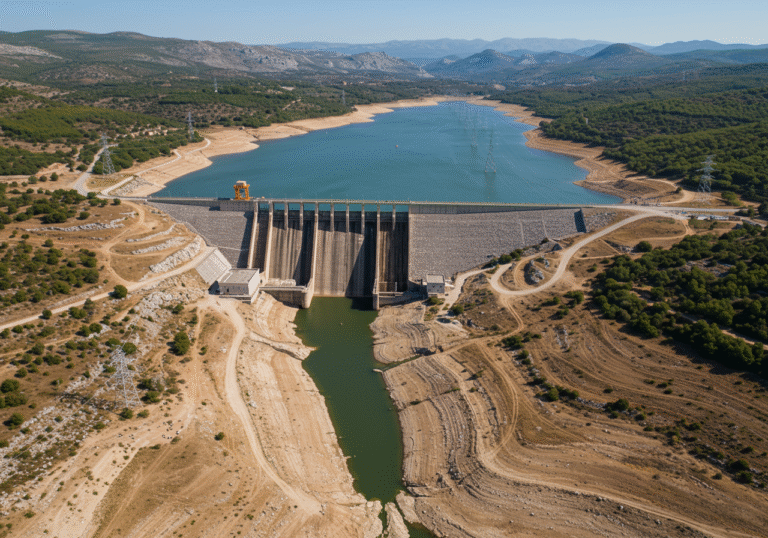 An aerial, wide-angle shot of a hydroelectric dam in a dry, mountainous region of Croatia under clear, bright skies. The water reservoir behind the dam shows significantly low water levels, exposing extensive dry, cracked earth along its banks. High-voltage power lines stretch across the parched landscape, receding into the distance, conveying the impact of summer drought conditions on energy production.