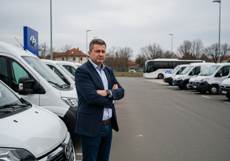 A professional-looking Croatian man in his 40s, wearing a business casual outfit, stands contemplatively near a row of modern, unused light commercial vans on a quiet dealership lot in Croatia. The sky is overcast, and the overall scene conveys a subdued atmosphere in early 2025. In the background, further away, a large, newly manufactured bus is prominently parked, contrasting with the general stillness.