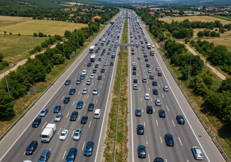 An aerial view of dense traffic on the A1 highway in Croatia, south of Lučko, near Karlovac, on a sunny August 5th afternoon. Hundreds of vehicles are bumper-to-bumper, forming long, slow-moving lines heading towards Dubrovnik. The wide highway features multiple lanes, with surrounding Croatian summer landscape visible, including green hills and subtle road infrastructure, all under a clear blue sky.