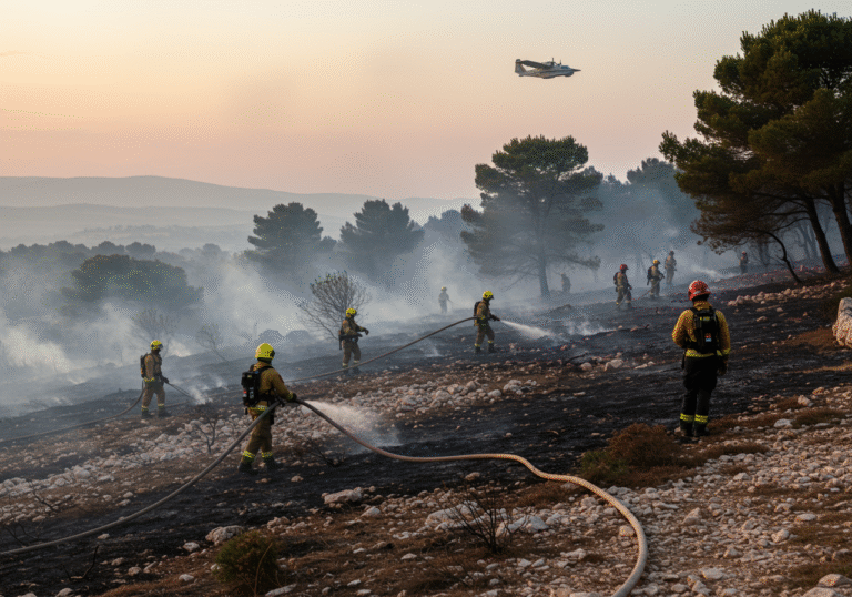 Croatian firefighters in full uniform and gear, working to fully extinguish a large forest fire in the dry, rocky terrain near Krila Jesenice, Splitsko-dalmatinska County, Croatia. Smoke still rises from scorched earth and burnt Mediterranean pine trees under a hazy, late afternoon sky. Some firefighters are actively dousing hot spots with hoses, while others survey the vast, fire-affected landscape, showing signs of intensive work and the fire being brought under control. A large Canadair firefighting aircraft is visible in the distant sky, receding after its support mission.