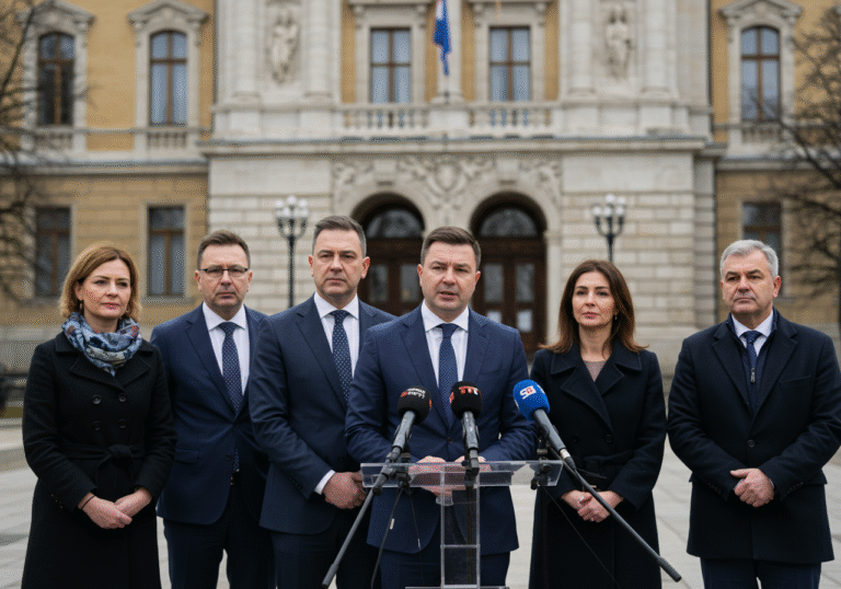 Croatian Sabor members, representatives of the Možemo! green-left political bloc and the Social Democratic Party (SDP), stand with earnest expressions addressing an unseen group, likely media, outside the historic Croatian Parliament building (Sabor) in Zagreb. It is a clear, bright late morning, with sunlight highlighting the building's facade. A Croatian flag is visible in the background, subtly indicating the location. The atmosphere is serious and determined as they advocate for a significant political initiative.