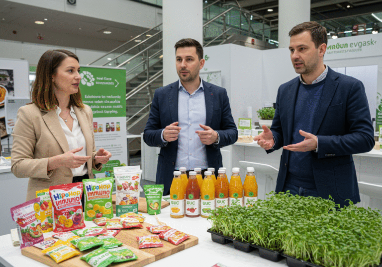 Three Croatian entrepreneurs, a woman and two men, are presenting their innovative food products in a brightly lit, modern exhibition space in Croatia. Ekaterina Šprajc stands with a display of HipoHop Immuno probiotic fruit snacks, showing colorful packaging designed for children. Nearby, Josip Tutavac showcases an array of GUUC natural juices in clear bottles, emphasizing their fresh, unprocessed quality. Sergej Lugović gestures towards trays of vibrant, freshly cultivated microgreens. All three entrepreneurs are dressed in smart casual attire, interacting with the products or an unseen audience, their expressions conveying professionalism and passion for healthy, sustainable food innovation. The scene is bathed in natural daylight, highlighting the details of their products and the contemporary presentation environment.