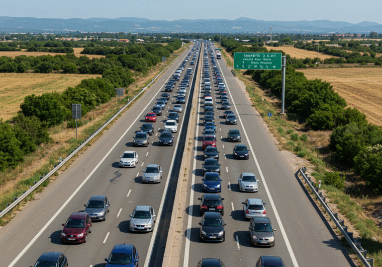 An elevated view of the A1 highway in Croatia, August, mid-day. Multiple lanes are filled with a long queue of slow-moving or stationary passenger vehicles stretching into the distance. Bright summer daylight illuminates the scene under a clear sky. The surrounding landscape features typical Croatian Mediterranean vegetation, with low hills visible in the background. The cars vary in make and model, some with roof-top luggage carriers, reflecting peak tourist season.