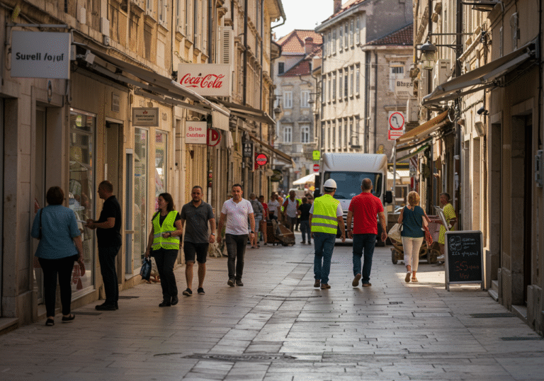 A lively commercial street in a Croatian city, bathed in warm late July sunlight. Numerous people, dressed in various professional attires, are actively engaged in their work. A retail associate warmly greets a customer inside a brightly lit shop. In the midground, a construction worker in a hard hat and high-visibility vest is focused on a task at a nearby building site. Further down the street, a delivery van, suggesting manufacturing or logistics, drives past a bustling outdoor cafe where a server attends to guests enjoying the summer weather. The scene exudes an atmosphere of robust economic activity and high employment.