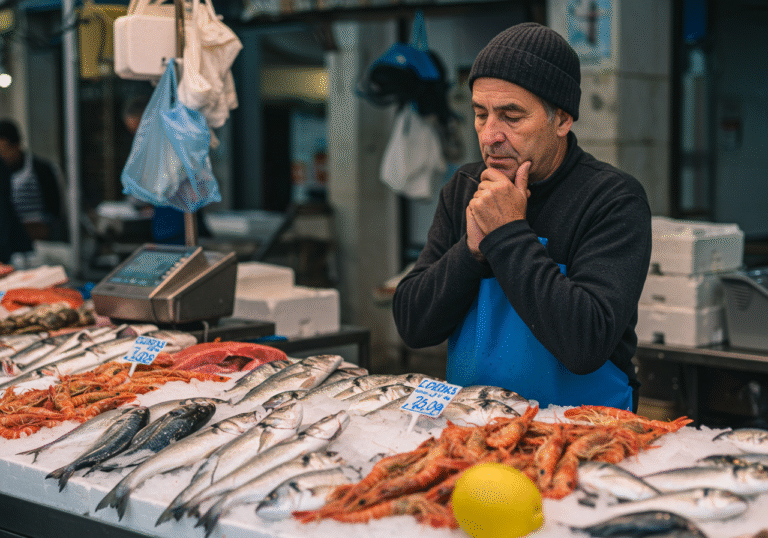 A mid-shot of a Croatian consumer, mid-aged, at a local fish market counter on the Adriatic coast. The person is thoughtfully examining a display of fresh fish and seafood on ice, their expression conveying a subtle sense of contemplation or concern about the cost. Various types of Adriatic fish are clearly visible. The market is bustling gently in the background, illuminated by soft natural morning light, capturing a slice of daily life in Croatia.