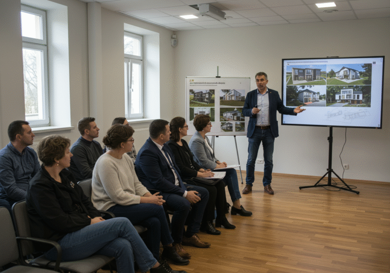 An architect, Ivan Vadanjel from Zadruga Otvorena arhitektura, stands in a modern community hall in Križevci, Croatia, presenting detailed architectural plans for a new cooperative housing project. He is gesturing towards a large screen or board displaying contemporary, eco-friendly building designs. Seated in the foreground are a diverse group of Croatian citizens, including young adults, attentively listening, with representatives from the City of Križevci and the Croatian government visible among them. Soft, natural daylight fills the room from large windows. The atmosphere is one of focused discussion and hopeful anticipation for affordable, sustainable homes.