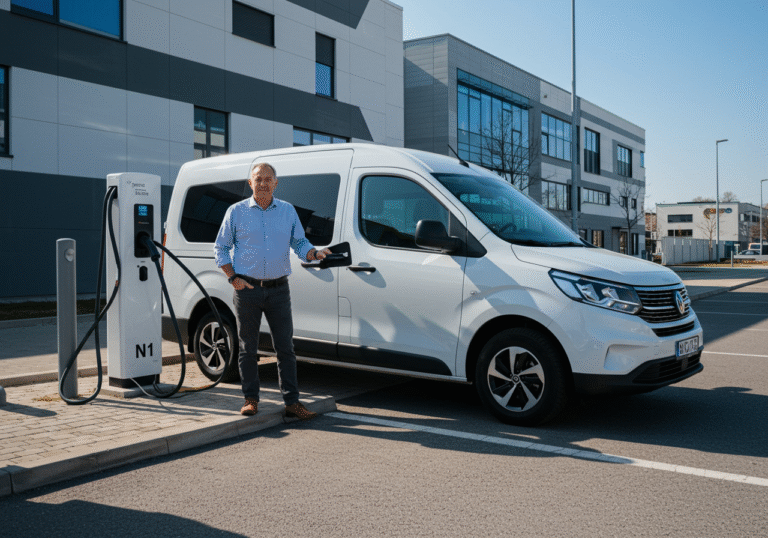 A Croatian man, a small business owner in his 50s with a collared shirt, stands with a confident expression next to a new electric commercial van (N1 category), parked at a charging point in a modern industrial area of Croatia. The van is white and sleek. The sky is clear blue, and the sun casts crisp shadows. The background features contemporary Croatian business architecture.