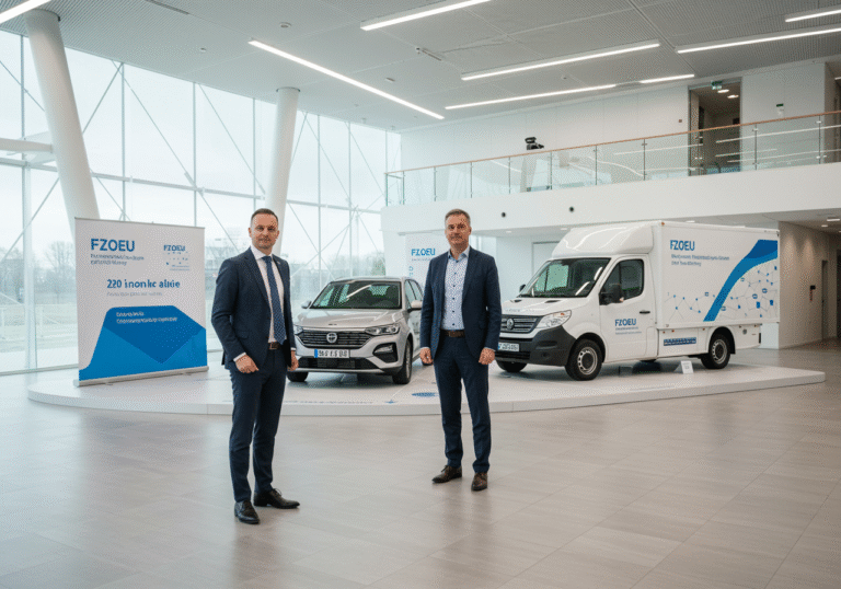 A professional photograph showing a representative of the Croatian Environmental Protection and Energy Efficiency Fund (FZOEU) and a Croatian business owner standing in a modern, bright conference hall in Croatia. They are both dressed in business attire, looking towards a display featuring a new electric car and an electric delivery van, which represent the zero-emission vehicles eligible for the co-financing program. The setting is clean and well-lit with natural light, reflecting the official launch of the significant initiative aimed at accelerating Croatia's transition to sustainable mobility.