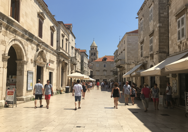 A scorching August afternoon in Split, Croatia. The intense midday sun beats down on a historic stone square, causing the air to visibly shimmer with heat. Locals and tourists, dressed in light summer clothing, move slowly and deliberately, seeking refuge in the narrow strips of shade cast by ancient Romanesque and Venetian-style buildings. Beads of sweat are visible on some faces as people fan themselves or drink from water bottles. The sky is a cloudless, harsh blue, and the atmosphere feels heavy and still, conveying the oppressive reality of a severe heatwave with temperatures well above 35 degrees Celsius.