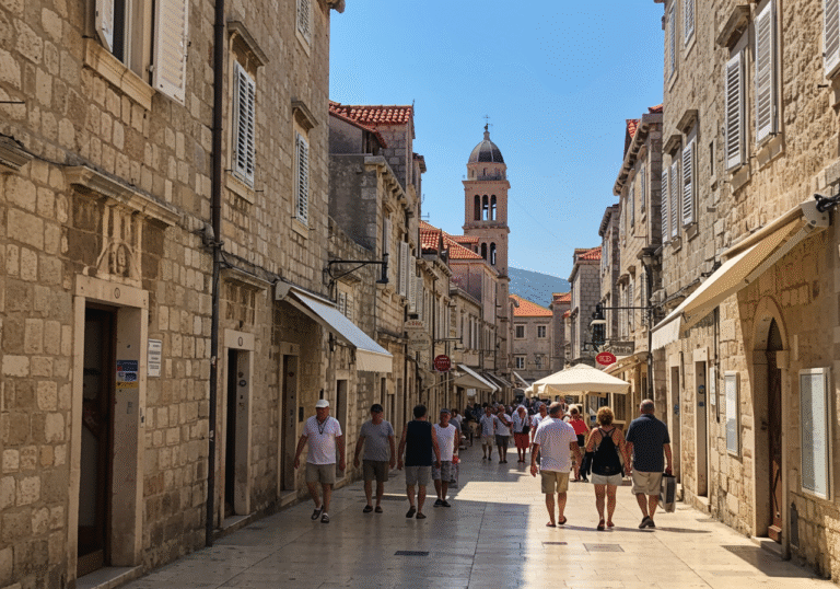 A sun-drenched street scene in a historic Croatian town during a severe summer heatwave. The mid-day light is intensely bright, casting crisp, defined shadows from the light-colored stone buildings and narrow alleys. The air appears visibly shimmering with heat. People move slowly, dressed in light summer clothing, some seeking refuge in slivers of shade or wiping sweat from their brows, reflecting the oppressive temperatures ranging from 34 to 38 degrees Celsius. The sky above is a cloudless, deep blue, characteristic of the stable high-pressure system currently dominating the region.
